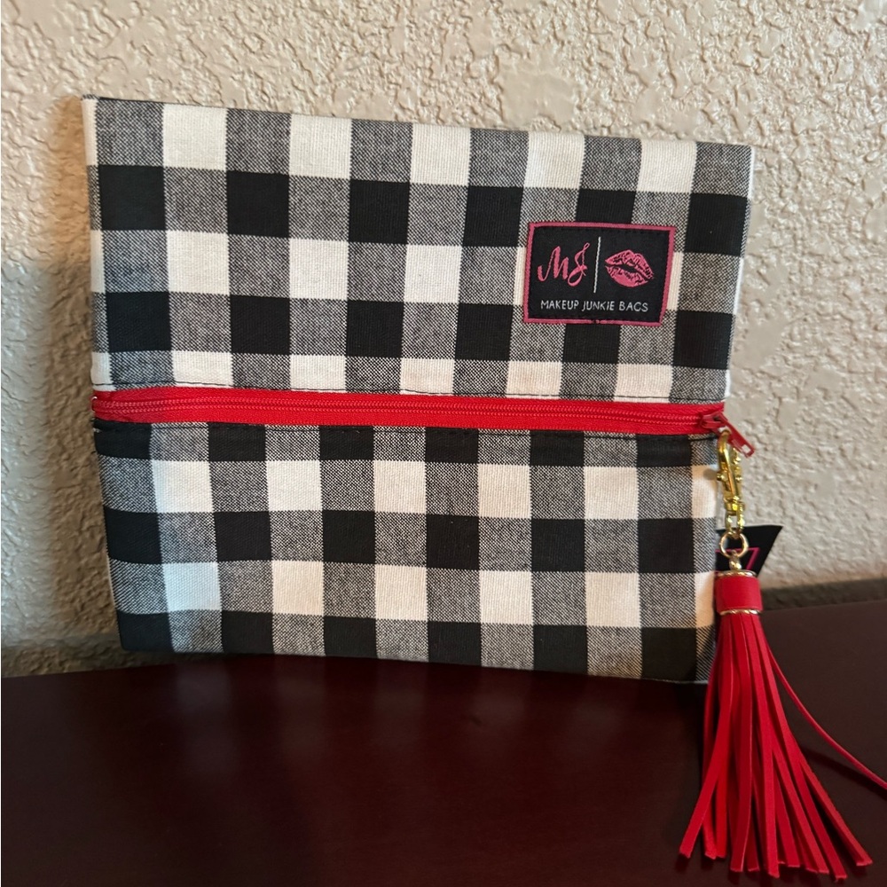 NWT Small Makeup Junkie bag Black and White Checkered with Red Accents